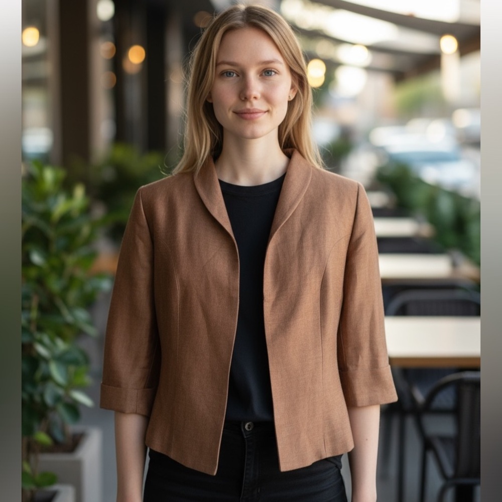 Pauw Amsterdam Short Blazer 3/4 Sleeve Linen/Silk Blend Lined M Mocha Mousse